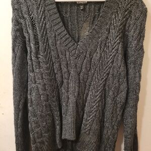 Express Charcoal V-Neck Cable Sweater